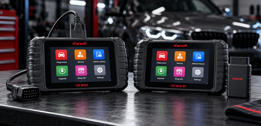 iCarsoft CR Max and CR Max BT comparison showing wired and wireless diagnostic tool options