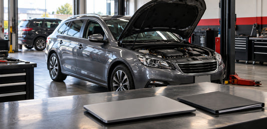 Vehicle in a workshop with bonnet open and laptop nearby, illustrating iCarsoft scan tool coverage checks
